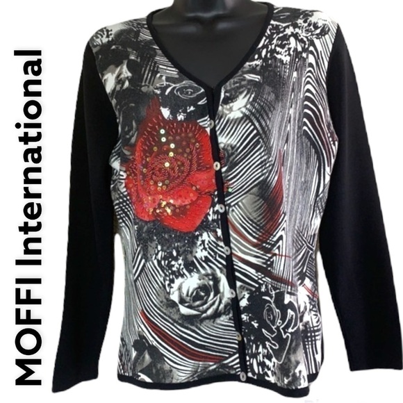 Moffi International black/white with red rose sequinned Sweater size S - Picture 1 of 9